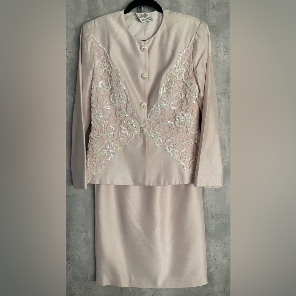 Vintage Farinae Formal Evening Wear 2pc Pale Pink Sequined Jacket Skirt Suit Sz8